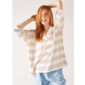Mersea |  NWT V-Neck Amelia Long Sleeve Tee White Tan Stripes Coastal